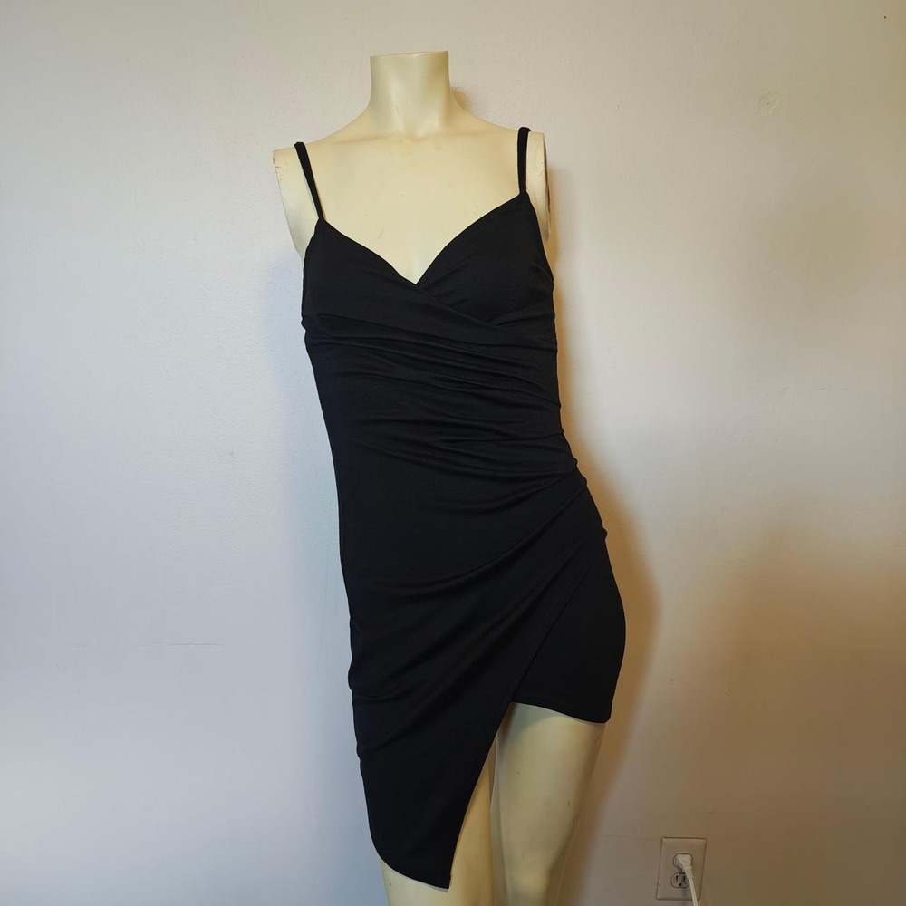 Joe & Elle Black Ruched Bodycon Mini Dress Asymmetric Tulip Hem XS